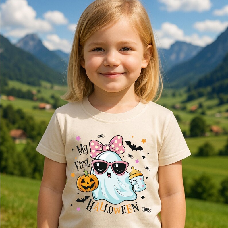May include: A beige t-shirt featuring a cartoon ghost wearing sunglasses and holding a bottle. The shirt has the text "My First Halloween" and a pink bow with white polka dots. A jack-o'-lantern and bats are also featured.
