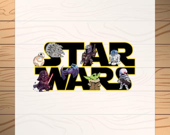 May include: A yellow and black "STAR WARS" graphic featuring various characters from the Star Wars franchise. The characters include Darth Vader, Yoda, R2-D2, a Mandalorian, and a TIE fighter. The text "READY TO PRESS" is at the top of the image and "CUSTOM DTF" is at the bottom.