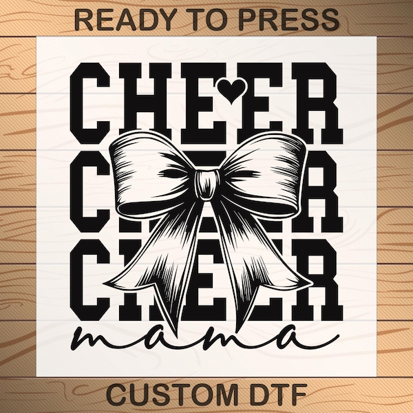 Cheer Mama DTF Transfer: Ribbon Bow, Heart Mom - Ready to Press