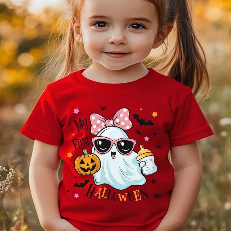 May include: Red short-sleeved t-shirt featuring a cartoon ghost wearing sunglasses and a bow. The ghost holds a baby bottle and a jack-o'-lantern. Text on the shirt reads "My First Halloween".