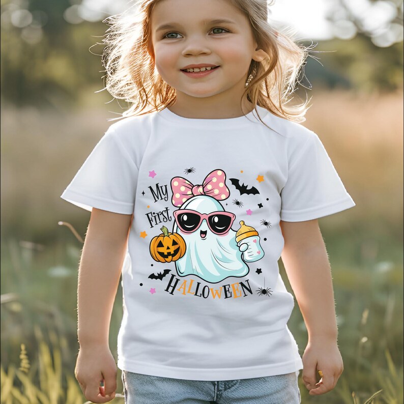 May include: White t-shirt featuring a cartoon ghost wearing sunglasses and a pink bow, holding a pumpkin and a baby bottle. The text "My First Halloween" is printed on the shirt. The shirt is designed for children.
