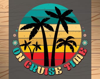 May include: A ready-to-press iron-on transfer design featuring a retro sunset with palm trees and the text "On Cruise Time".