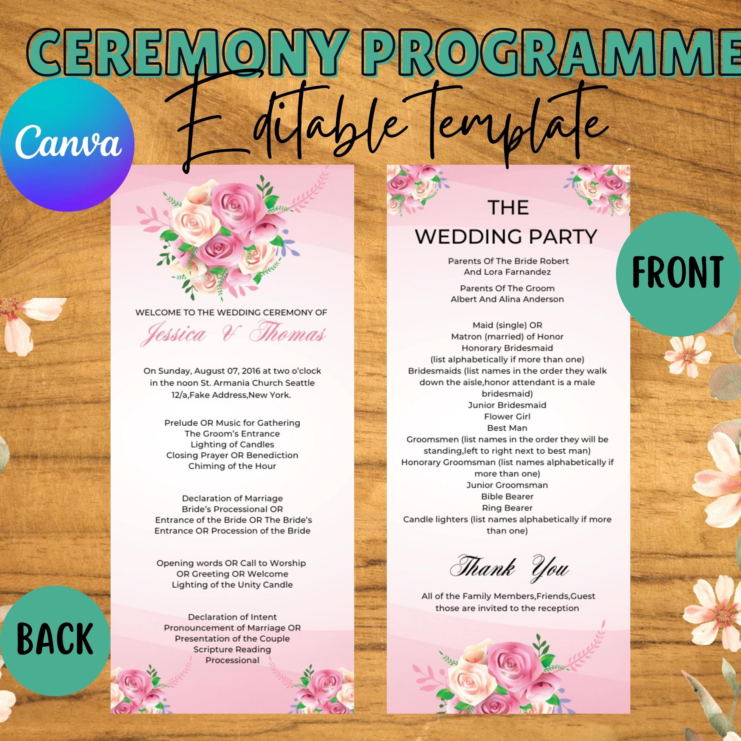 Editable Wedding Ceremony Program Template | Canva Order of Service ...