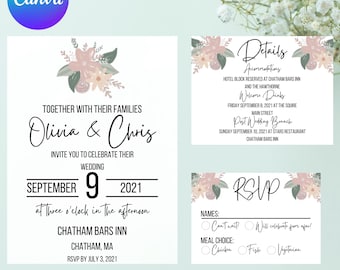 Blush Floral Wedding Invitation Suite | Editable Canva Template (Digital Download)