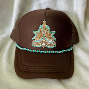 Boot Stitching Vibes Trucker Hat – Chocolate Brown with Turquoise Beaded Chain