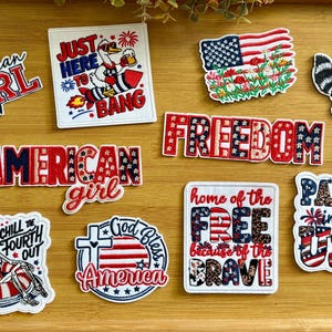 May include: A collection of patriotic patches with various designs and text. Includes patches with the words "American Girl," "Freedom," and "Party in the USA." Other patches feature an American flag, a raccoon, and a skeleton.