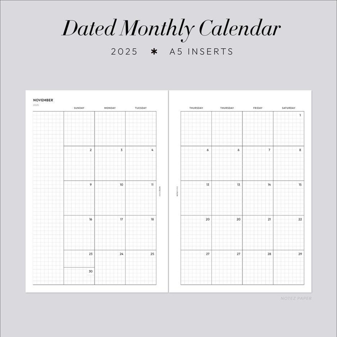 2025 Calendar Monthly Dated Planner Inserts A5, Printable Planner