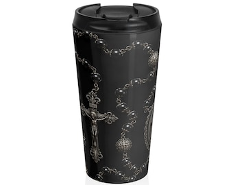 Tazza da viaggio gotica con rosario da 440 ml, nera, cattolica, con immagine della Vergine Maria, in acciaio inossidabile, regalo religioso, tazza da caffè cristiana.
