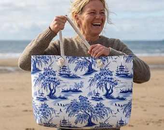 Bolsa de fim de semana azul em lona, bolsa grande para praia, cor Blue Willow