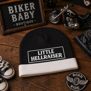 Little Hellraiser Biker Baby Beanie: Edgy Infant Motorcycle Hat – Polyester Blend