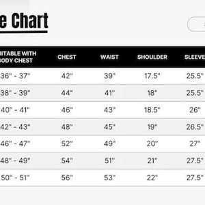 Puede incluir: Tabla de tallas para hombre en blanco y negro, con medidas en pulgadas. La tabla incluye tallas XS a 3XL, detallando medidas de pecho, cintura, hombro, manga y largo para cada talla. El texto "Men Size Chart" est&aacute; en la parte superior.