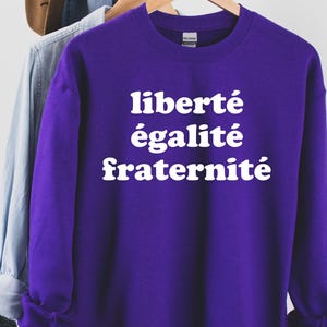 May include: Purple sweatshirt with the text "liberté égalité fraternité" in white.