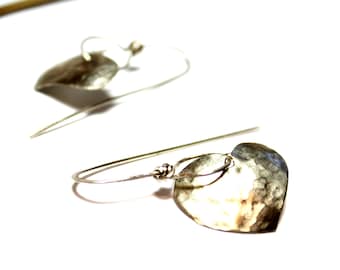 Handmade Hammered Domed Floating Heart Earrings - Hand Forged Textured Sterling Silver Earrings Stainless Steel Hearts Unique Gift for Her