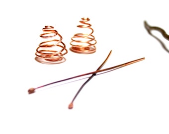 Diy Handmade Artisan Jewelry Findings, Christmas Tree Earrings, Jewelry Bead Cage Spiral Copper, Hand Forged Fire Scale Headpins Eye pin Set