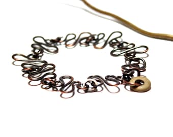 Women's Handmade Oxidized Copper Artisan Bracelet with Beach Stone Charm, Handcrafted Wavy Winding Statement Jewelry, Unique Gift for Her