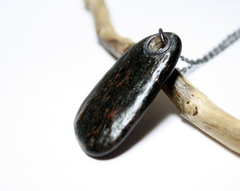 Oxidized Sterling Silver Beach Stone Necklace, Black Pebble Pendant with Rivet, River Rock Pendant, Natural Beach Stone Jewelry, 20 Inch