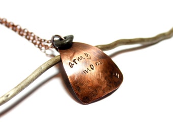 Hand Stamped ARMY MOM Beach Stone Necklace, Textured Copper River Rock Hammered Jewelry, Beach Pebble Oxidized Disc Military Gift Soldier