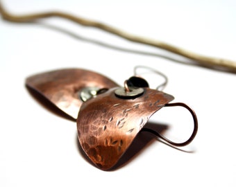 Hammered Oxidized Domed Copper Silver Earrings - Hand Forged Unique Textured Rustic Distressed Metalwork Handmade Boho Earrings Her Gift