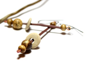 Women's Leather Tube Beach Stone River Rock Earrings Oxidized Copper Earrings Wire Wrapped Stone Jewelry Minimalist Earrings Dangles for Her