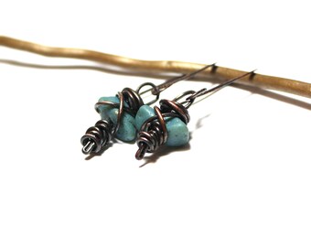 Womens Petite Blue Sea Slag Glass Handmade Beach Stone Earrings Wire Wrapped Oxidized Copper Artisan Earrings Gift for Her Sensitive Ears