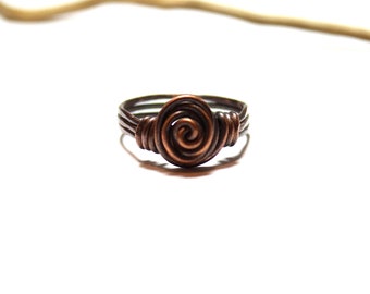 Handmade Womens Wire Wrapped Rustic Oxidized Copper Flower Size 6 Ring, Friendship Ring, Hand Made Gift for Her, Organic Rose Copper Rings