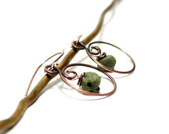 Women's Handmade Artisan Organic Slag Glass Seaglass Oxidized Copper Earrings, Wire Wrapped Jewelry Circle with Stone, Women's Gift for Her