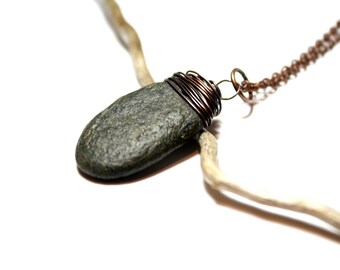 Oxidized Handmade Wire Wrapped Organic Black Beach Stone Necklace, Genuine Beach Pebble Stone Silver Necklace Jewelry for Her 24 Inch Copper