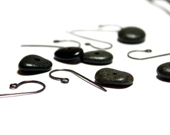 Center Drilled Beach Stones for Jewelry Making - Black Smooth Stone Pendants - Pebbles Handmade Ear Wires CopperOxidized Hammered Earrings