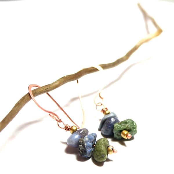 Womens Blue Sea Slag Glass Turquoise Beach Stone Earrings Rose Gold Copper Artisan Earrings Her Drilled River Rock Beaded Minimalist Dangles