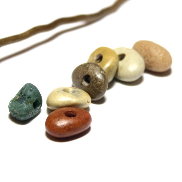 Center Drilled Beach Stones Sea Glass Blue Slag Glass for Jewelry Making - Petoskey Stone, Diy 13-16MM Beads - Michigan Pebble Glass - Donut