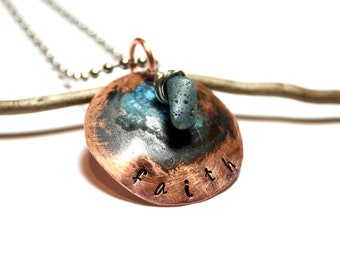 Women's Blue Slag Glass FAITH Teal Patina Bohemian Copper Silver Necklace , Boho Aged Rustic Stamped Jewelry Pendant, Minimalist for Her