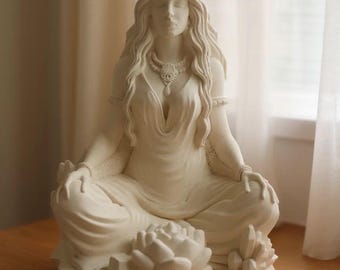 Handmade Parvati Goddess Statue: Feminine power- White Gypsum Hindu Goddess Altar Decor
