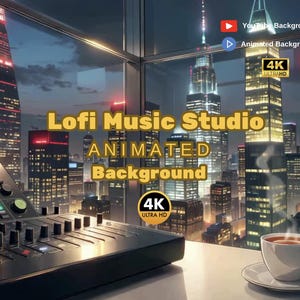 Könnte beinhalten: Ein animierter Hintergrund für ein Lofi Music Studio mit einer Stadtlandschaft in der Abenddämmerung. Ein Mischpult befindet sich im Vordergrund, mit einer Tasse Kaffee auf einer Untertasse. Der Text "Lofi Music Studio ANIMATED Background" und "4K ULTRA HD" ist enthalten.