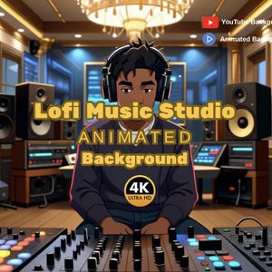 Könnte beinhalten: Animierte Illustration eines LoFi-Musikstudios mit einer Person, die Kopfhörer trägt. Das Bild zeigt Audioausrüstung, Lautsprecher und den Text "LoFi Music Studio Animated Background" mit einem "4K Ultra HD"-Abzeichen.