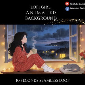 Op de afbeelding: Geanimeerde achtergrond met een meisje in een rode pyjama, een mok vasthoudend, kijkend uit een raam naar een regenachtige nachtscène. De tekst "LOFI GIRL ANIMATED BACKGROUND" en "10 SECONDS SEAMLESS LOOP" worden weergegeven. Een kat slaapt op een kussen.
