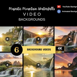 Puede incluir: Imagen con seis fondos de video de majestuosas cascadas de montaña. El texto dice "Majestic Mountain Waterfalls VIDEO BACKGROUNDS" con opciones para YouTube y fondos animados. Los videos están en 4K Ultra HD.