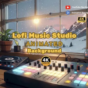 May include: An animated Lofi Music Studio background with a DJ mixer and turntable. The image shows a snowy mountain scene through a window. Text includes "Lofi Music Studio ANIMATED Background" and "4K ULTRA HD".