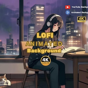 May include: An anime-style illustration of a person wearing headphones, writing at a desk with a cityscape background. The image includes the text "LOFI ANIMATED Background" and "4K ULTRA HD". A cat is resting on the floor.