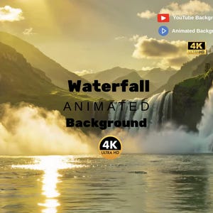 Può includere: Uno sfondo digitale panoramico con una cascata che si getta in un corpo d'acqua, con montagne sullo sfondo. Il testo "Waterfall Animated Background" è visualizzato, insieme al testo "4K Ultra HD" e ai loghi di YouTube e Animated Backgrounds.