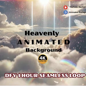 Pode incluir: Um fundo animado com tema celestial. A imagem apresenta nuvens brancas fofas, um arco-íris e raios de luz brilhantes. O texto inclui "Heavenly ANIMATED Background" e "DFY 1 HOUR SEAMLESS LOOP". A imagem está em 4K Ultra HD.