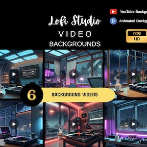 Puede incluir: Imagen de arte digital que presenta seis fondos de video animados para YouTube, con el tema de estudios lo-fi. Las escenas incluyen tocadiscos, tazas de café y ventanas empapadas por la lluvia. El texto dice "Lofi Studio Video Backgrounds" y "720p HD".