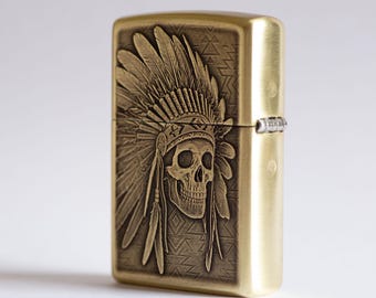 Zippo Lighter: Native American Chief & Skull - Warrior Spirit
