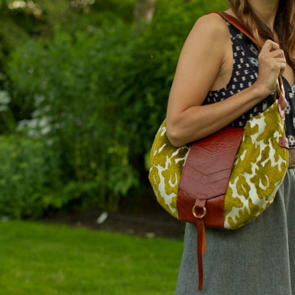 Vintage upholstery Olive Green Hobo with Cognac leather