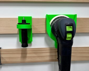 Soporte para lijadora Festool Rotex RO150: montaje en pared con tacos franceses y diseño de bloqueo