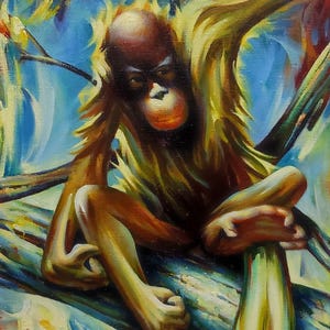 Original Oil Painting on Canvas, created with High Quality Canvas & Paints, Handmade Painting, Monkey, Artwork by Famous Painter (1941-2015)