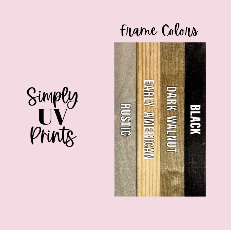 May include: A close-up of four wood frame color options for a picture frame. The colors are Rustic, Early American, Dark Walnut, and Black.