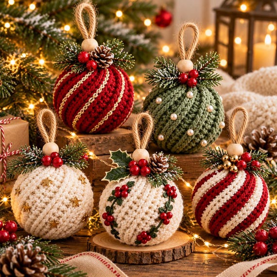 Christmas Bauble Crochet Pattern, 5 in 1 Twisted Rib Ornament Pattern PDF, Crochet Christmas Ornaments, Christmas Tree Decor
