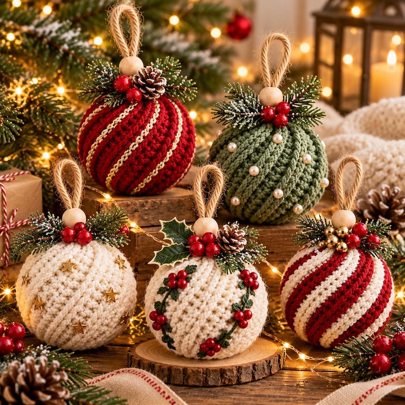Christmas Bauble Crochet Pattern, 5 in 1 Twisted Rib Ornament Pattern PDF, Crochet Christmas Ornaments, Christmas Tree Decor