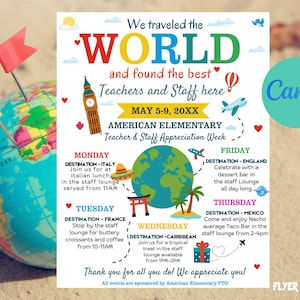 International Theme Teacher Appreciation Flyer: Editable Canva Template