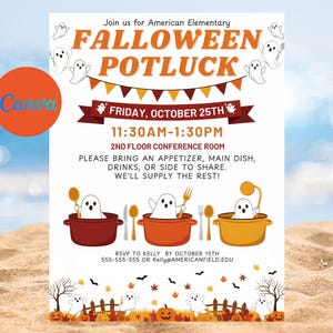 Falloween Potluck Flyer Vorlage, bearbeitbar druckbar (Canva) | Halloween Potluck Einladung, Herbst Luncheon Wertschätzung einladen